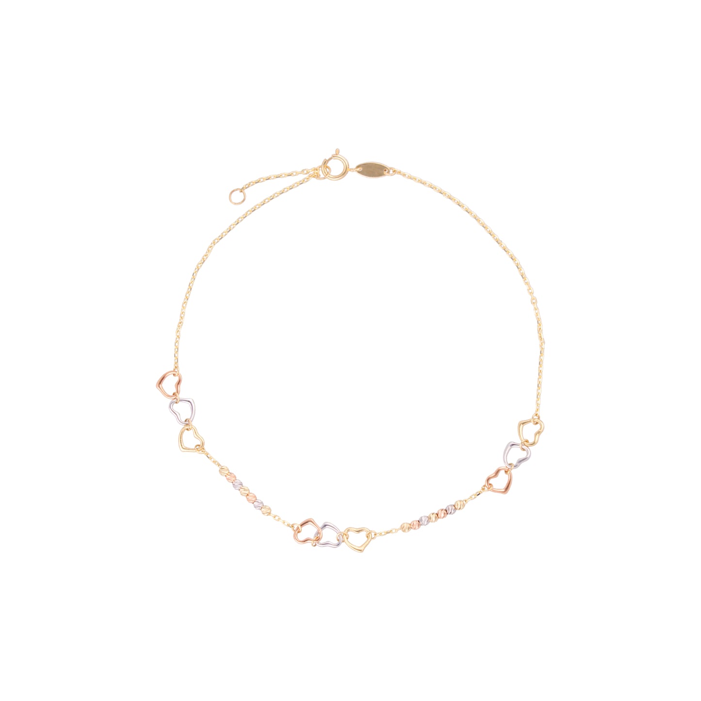 TOBILLERA ORO 14K KILATES DISEÑO 3 CORAZONES FLORENTINO 23 CM