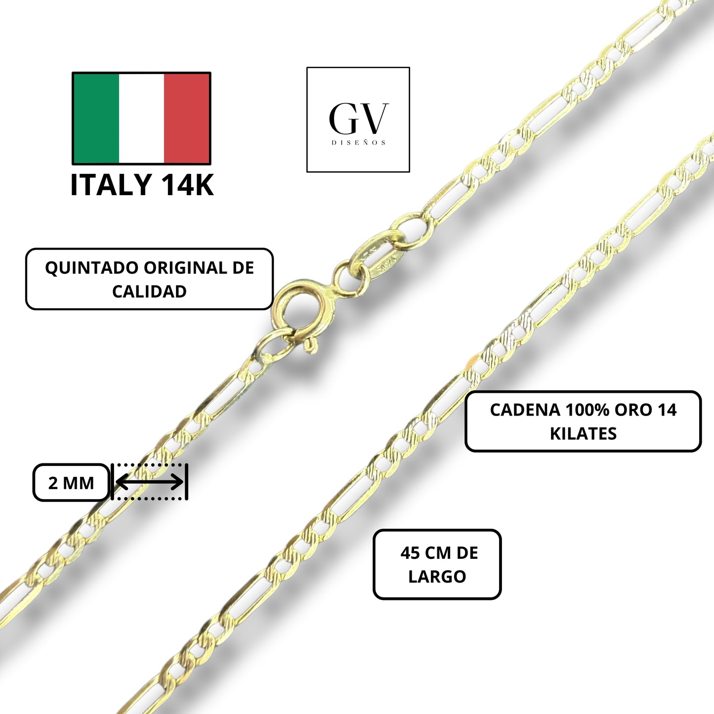 Cadena De Oro 14 Kilates Diseño Figaro 3x1 Unisex 2 mm Cal 2