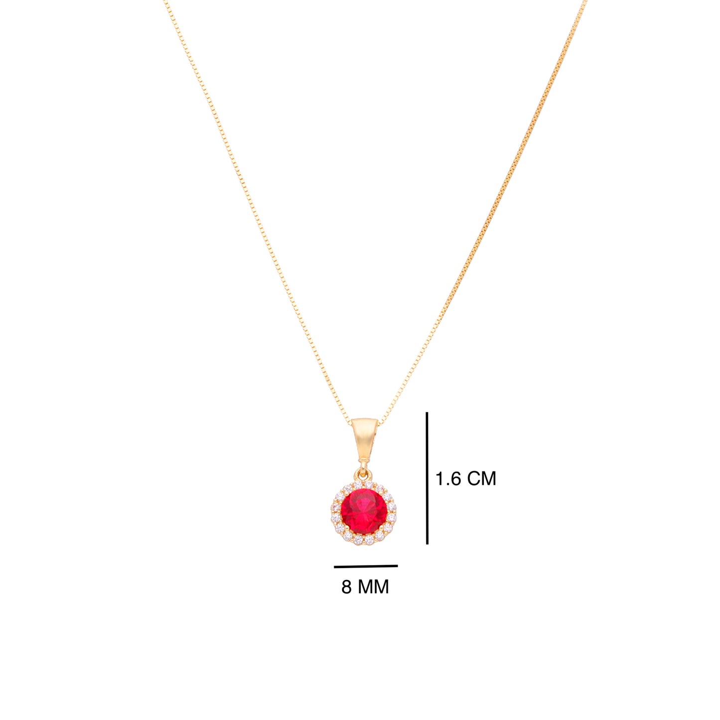 COLLAR DE ORO 14K KILATES DIJE REDONDO COLOR ROJO RUBÍ