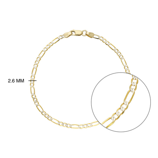 PULSO DE ORO 14K KILATES DISEÑO FIGARO DIAMANTADO CRTR 2 MM / 18 CM