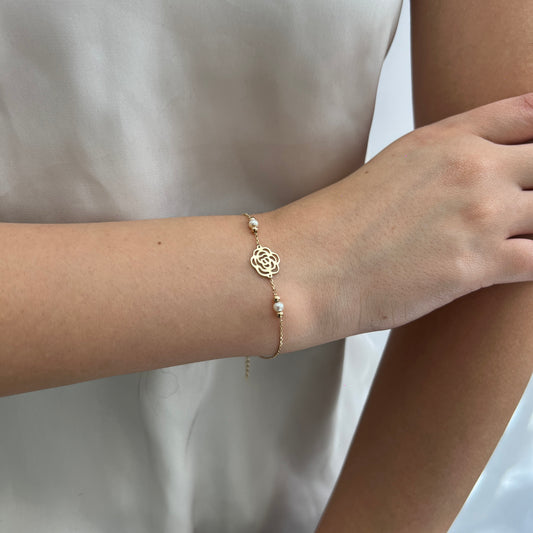 Pulso De Oro Sólido 10 Kilates Rosa Mandala Con Perlas