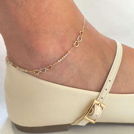 TOBILLERA ORO 14K KILATES DISEÑO 3 CORAZONES FLORENTINO 23 CM