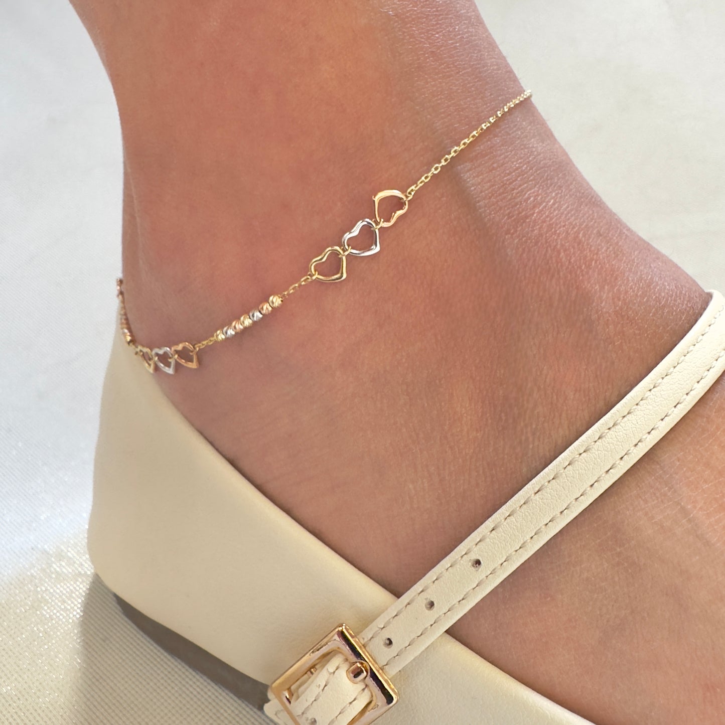 TOBILLERA ORO 14K KILATES DISEÑO 3 CORAZONES FLORENTINO 23 CM