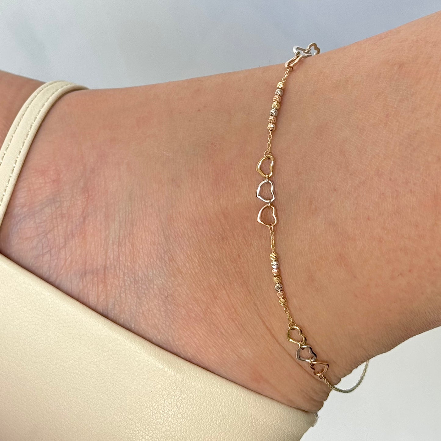 TOBILLERA ORO 14K KILATES DISEÑO 3 CORAZONES FLORENTINO 23 CM