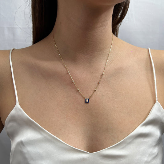 Collar Gargantilla De Oro Sólido 10 Kilates Dije Azul Piedra Corte Esmeralda