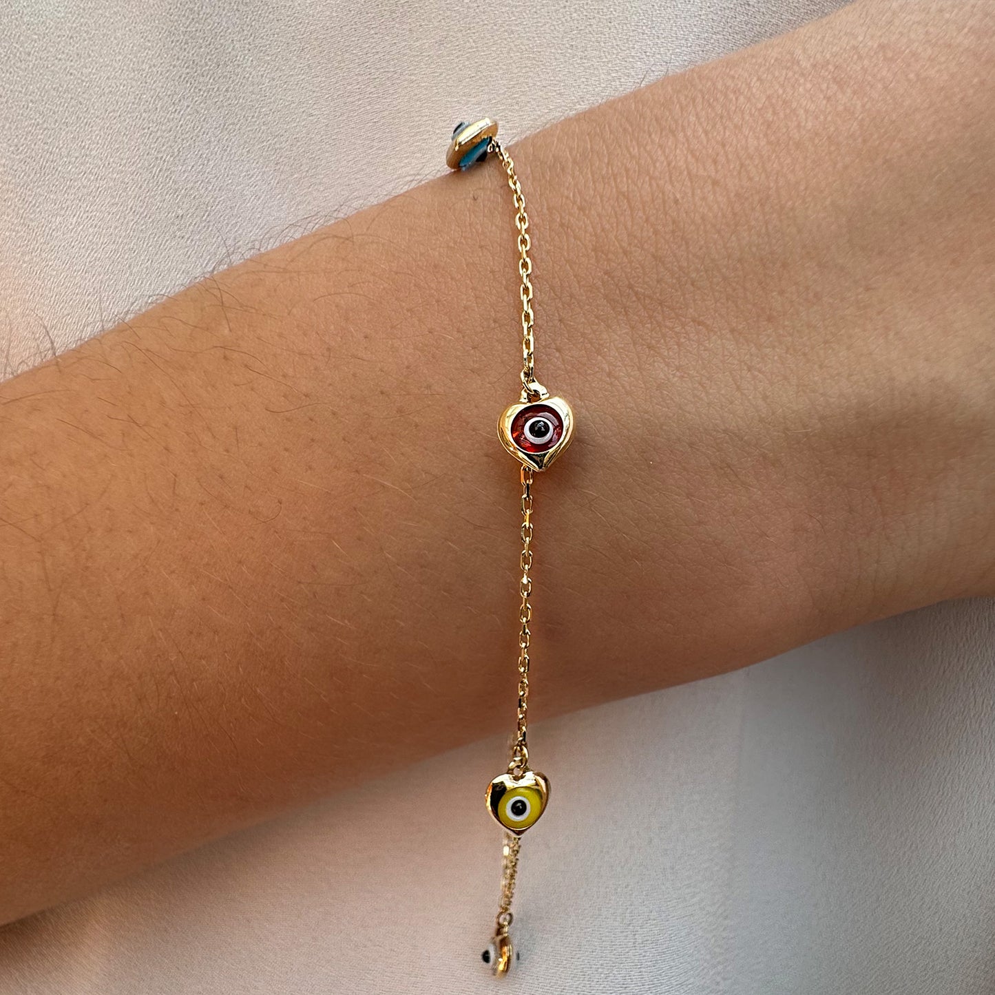 Pulso De Oro 14 Kilates Corazones Ojos Turcos Varios Colores