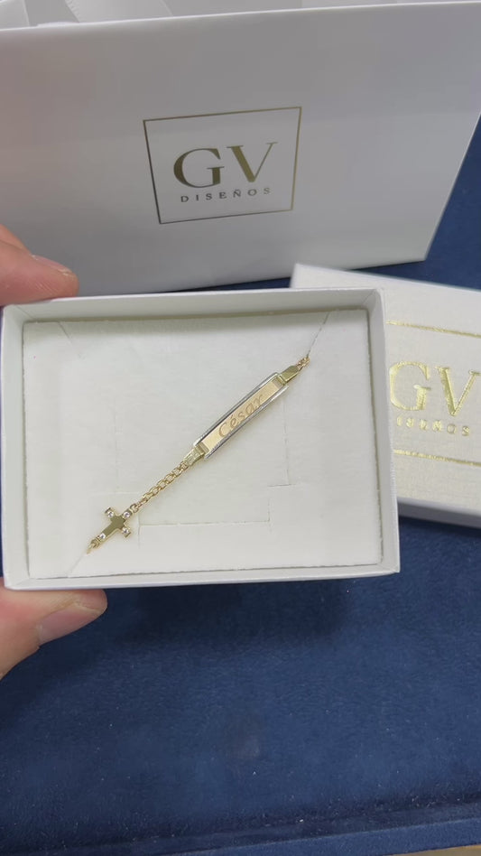 Esclava De Oro Sólido 10 Kilates Placa con Cruz 12-14 CM