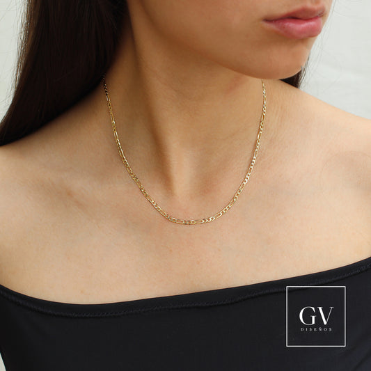 Cadena Estilo Figaro Plana Unisex Oro Italiano 14 Kilates 2.5 MM