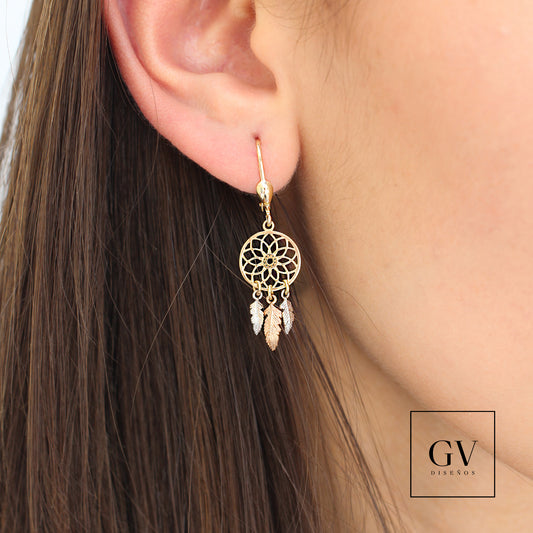 ARETES PARA REGALAR DE ORO 14 KILATES, ARETES DE FORMA DE ATRAPASUEÑOS, ATRAPASUEÑOS EN ARETES