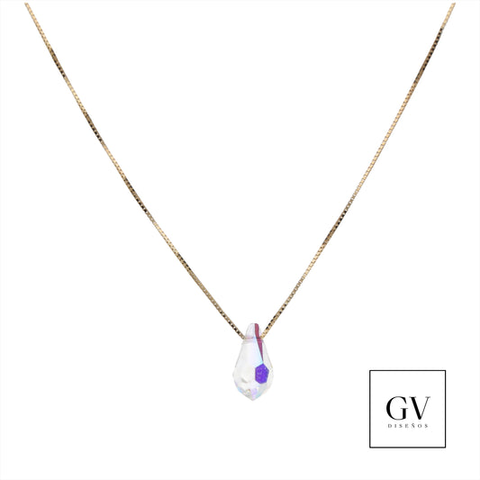 COLLAR DE ORO 14 KILATES CON CRISTAL ESTILO SWAROVSKY TORNASOL EN FORMA DE GOTA GV DISEÑOS