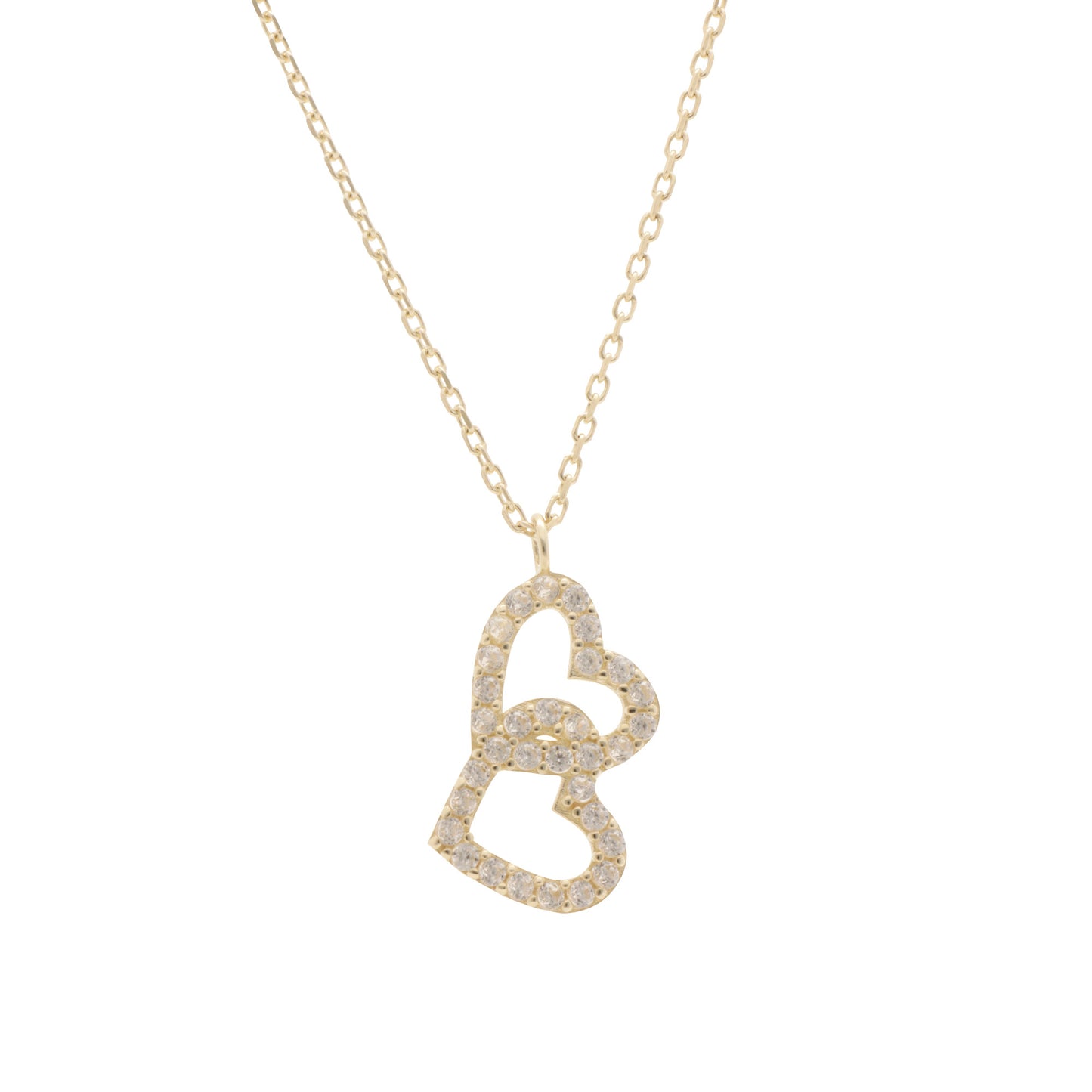 Collar Gargantilla Oro 10K Kilates Diseño 2 Corazones Enlazados Piedras 45 cm