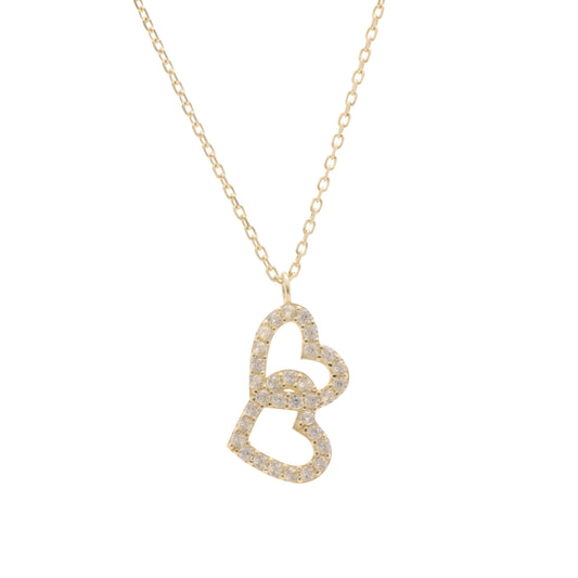 Collar Gargantilla Oro 10K Kilates Diseño 2 Corazones Enlazados Piedras 45 cm
