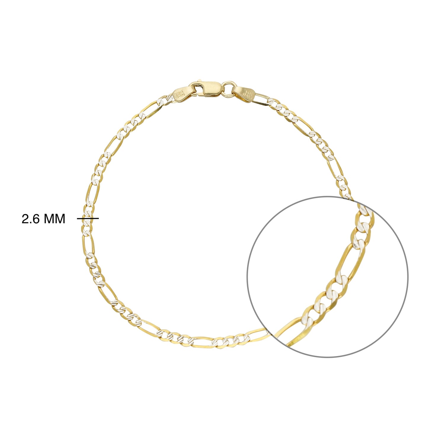 PULSO DE ORO 14K KILATES DISEÑO FIGARO DIAMANTADO CRTR 2 MM / 18 CM