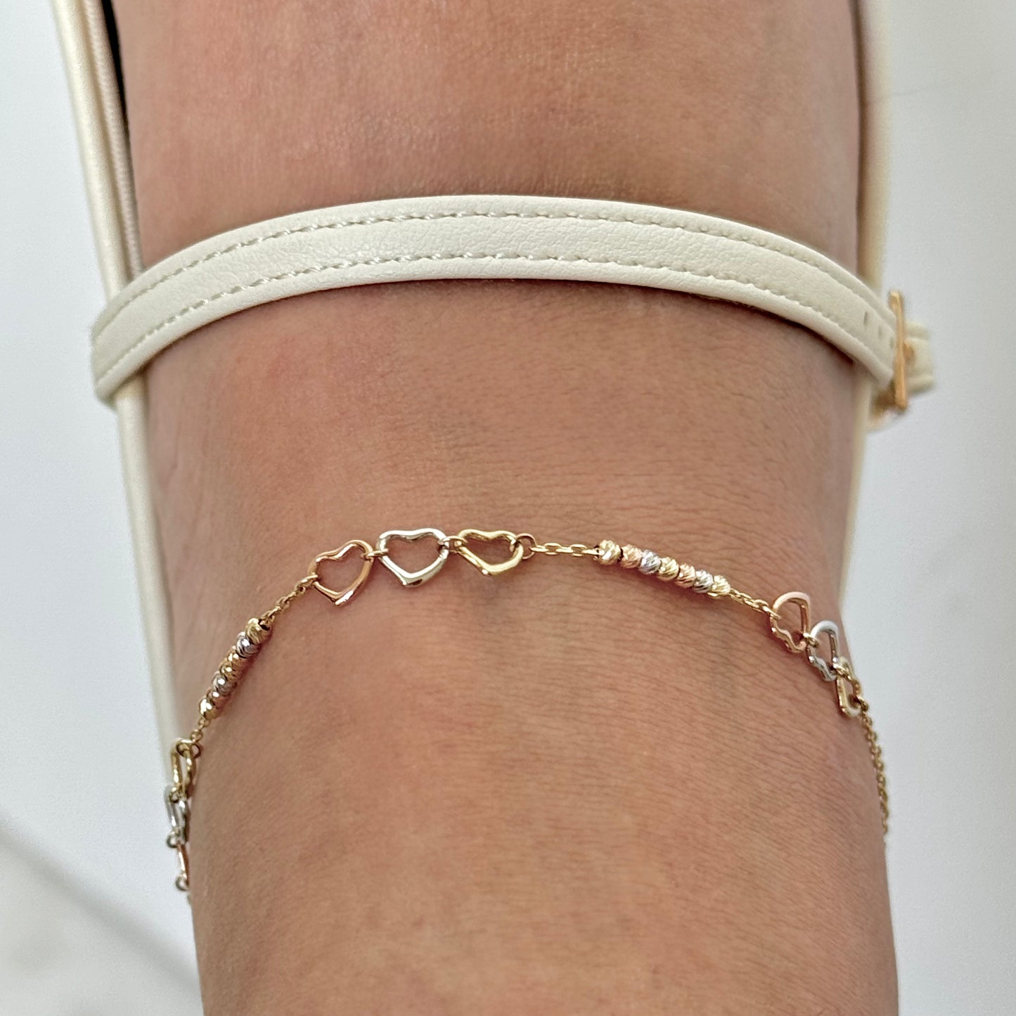 TOBILLERA ORO 14K KILATES DISEÑO 3 CORAZONES FLORENTINO 23 CM