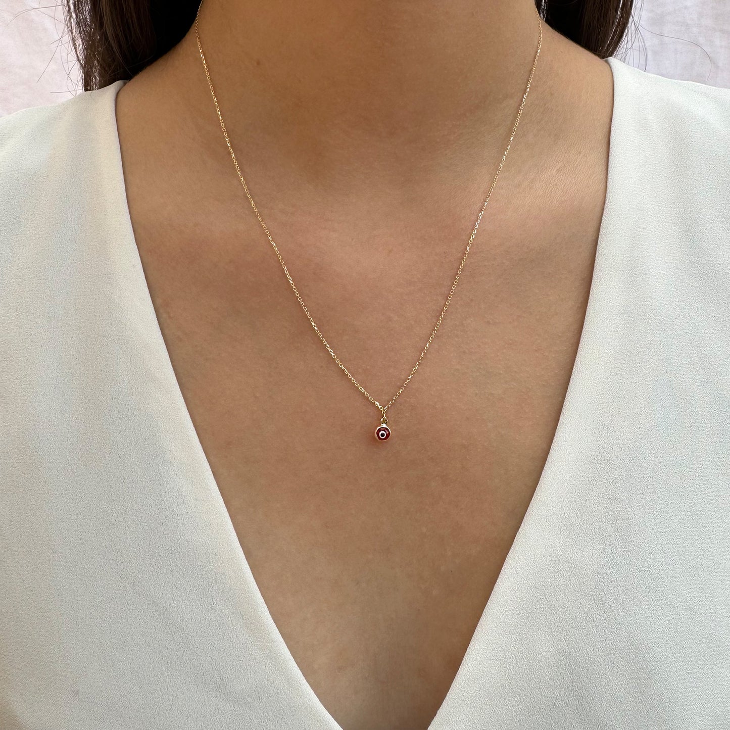 Collar Gargantilla Oro 10K Kilates Diseño Ojo Turco Rojo Sencillo