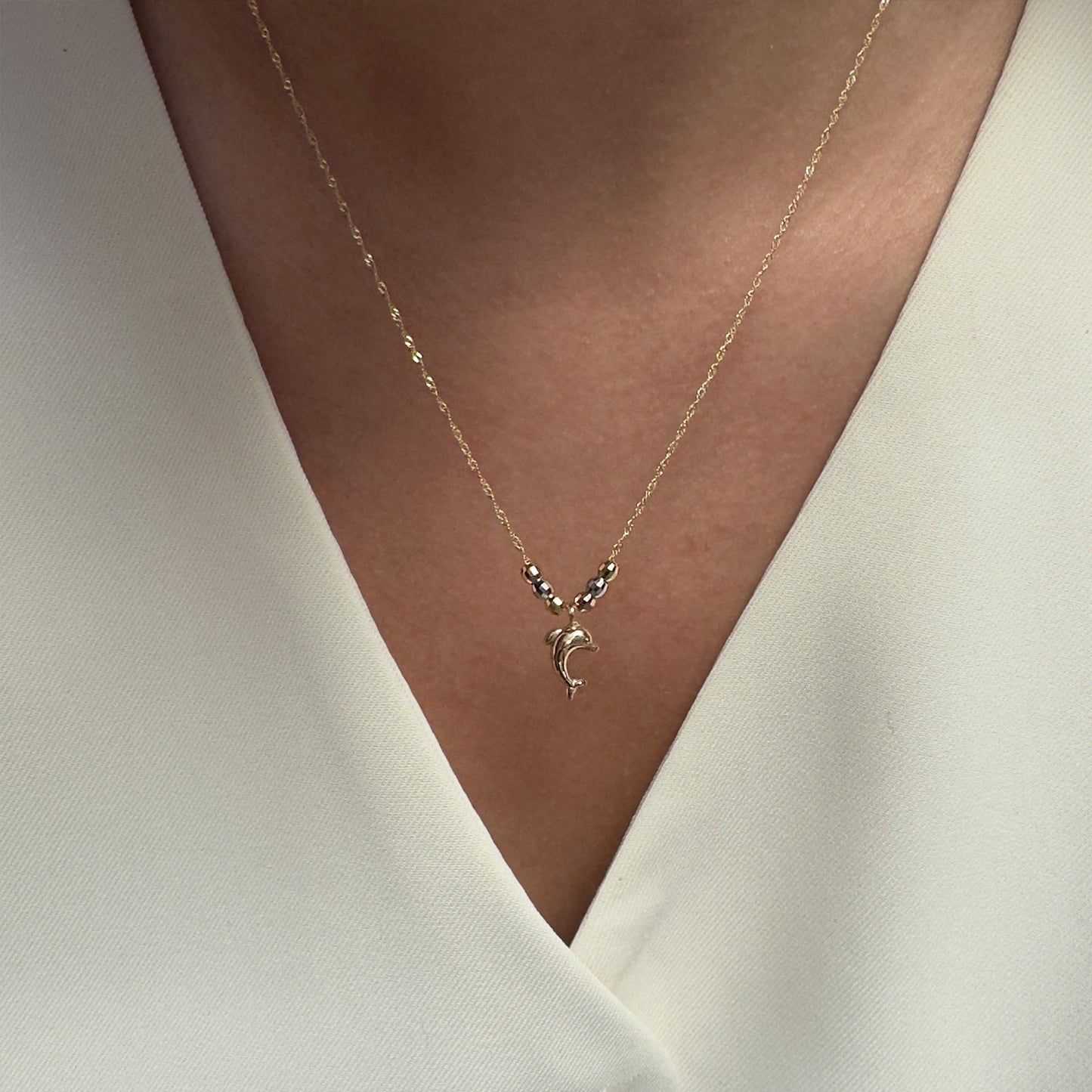 Collar Gargantilla de Oro Florentino 14K Kilates Diseño Delfin con Esferas