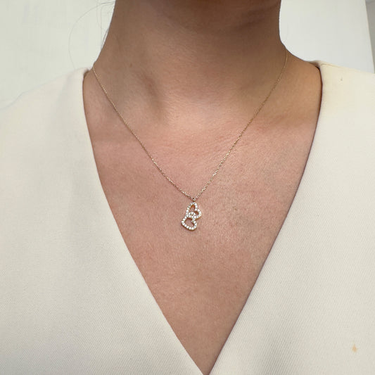 Collar Gargantilla Oro 10K Kilates Diseño 2 Corazones Enlazados Piedras 45 cm