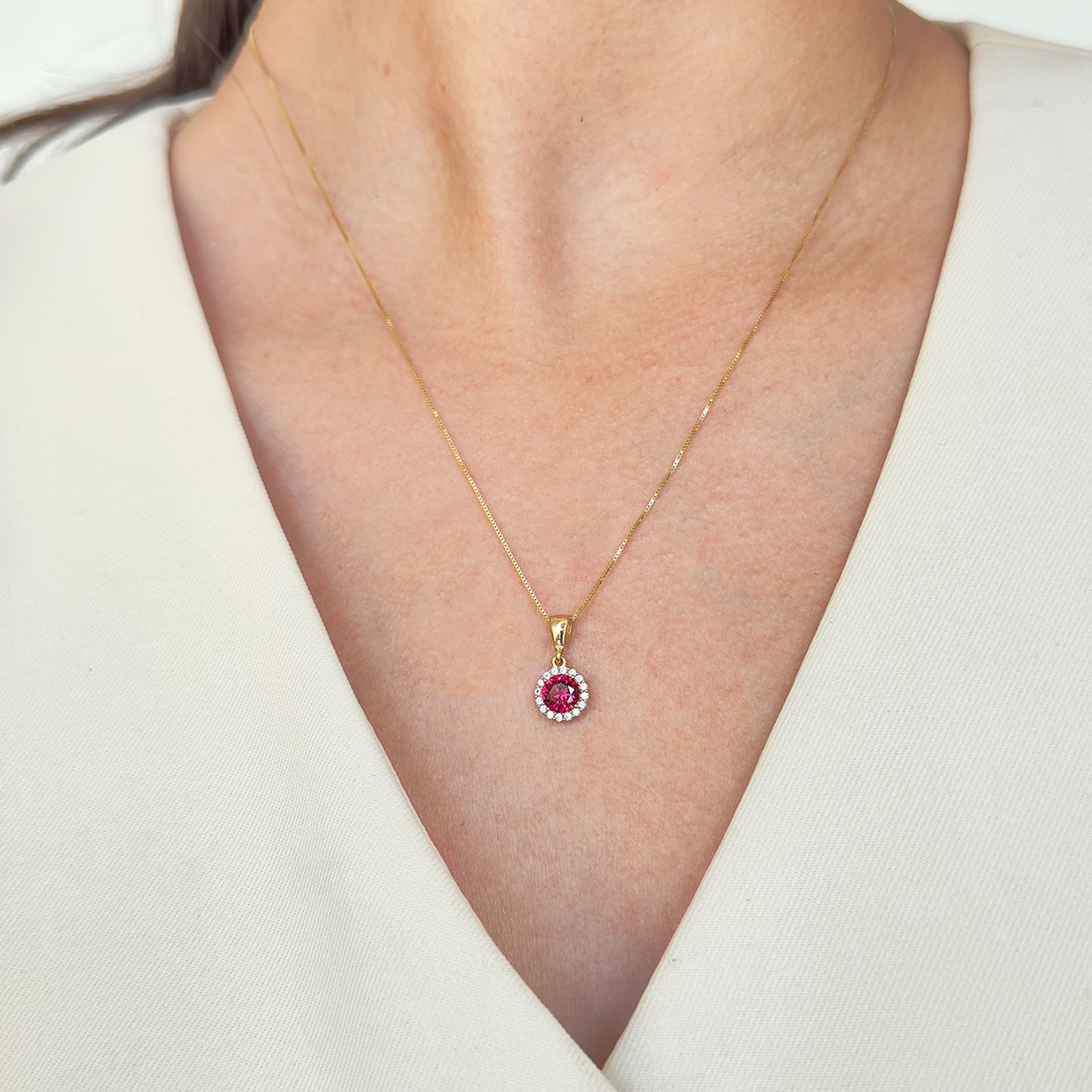 COLLAR DE ORO 14K KILATES DIJE REDONDO COLOR ROJO RUBÍ