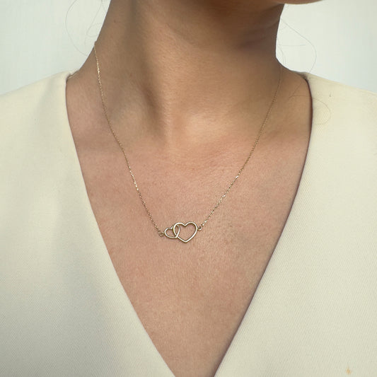 Collar Gargantilla Oro 10K Kilates Diseño 2 Corazones Enlazados 45 cm