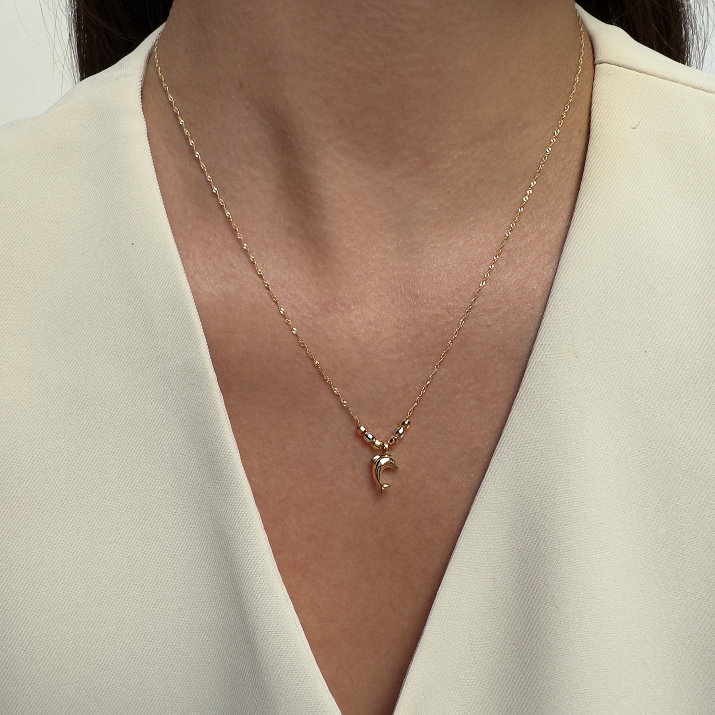 Collar Gargantilla de Oro Florentino 14K Kilates Diseño Delfin con Esferas