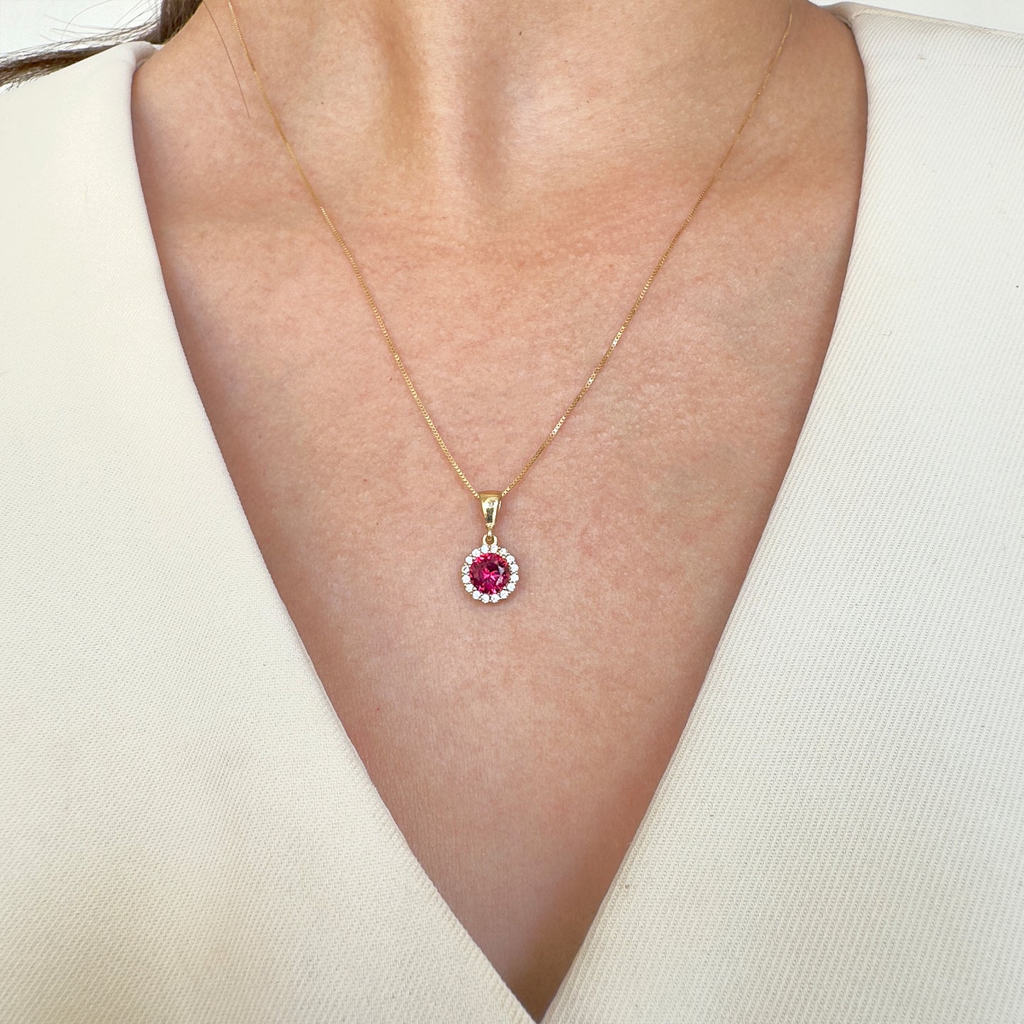 COLLAR DE ORO 14K KILATES DIJE REDONDO COLOR ROJO RUBÍ