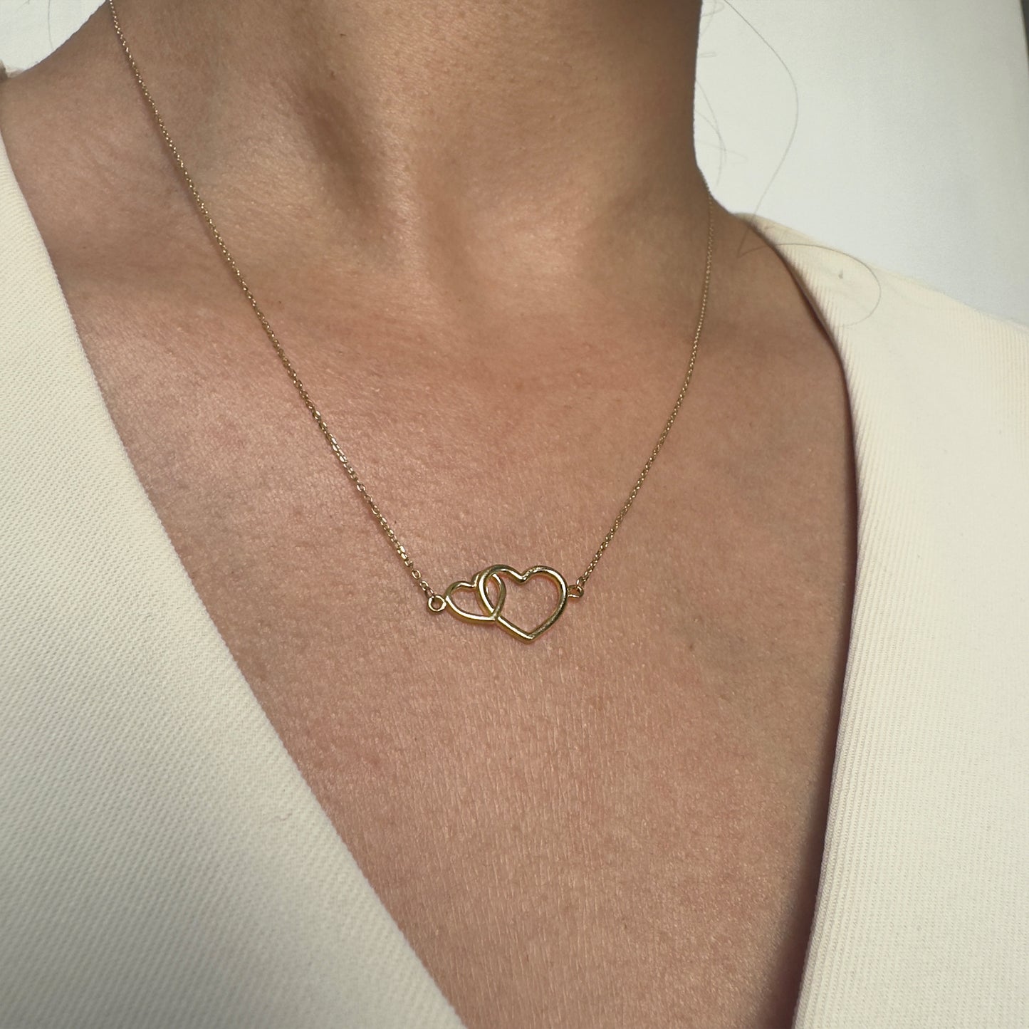 Collar Gargantilla Oro 10K Kilates Diseño 2 Corazones Enlazados 45 cm