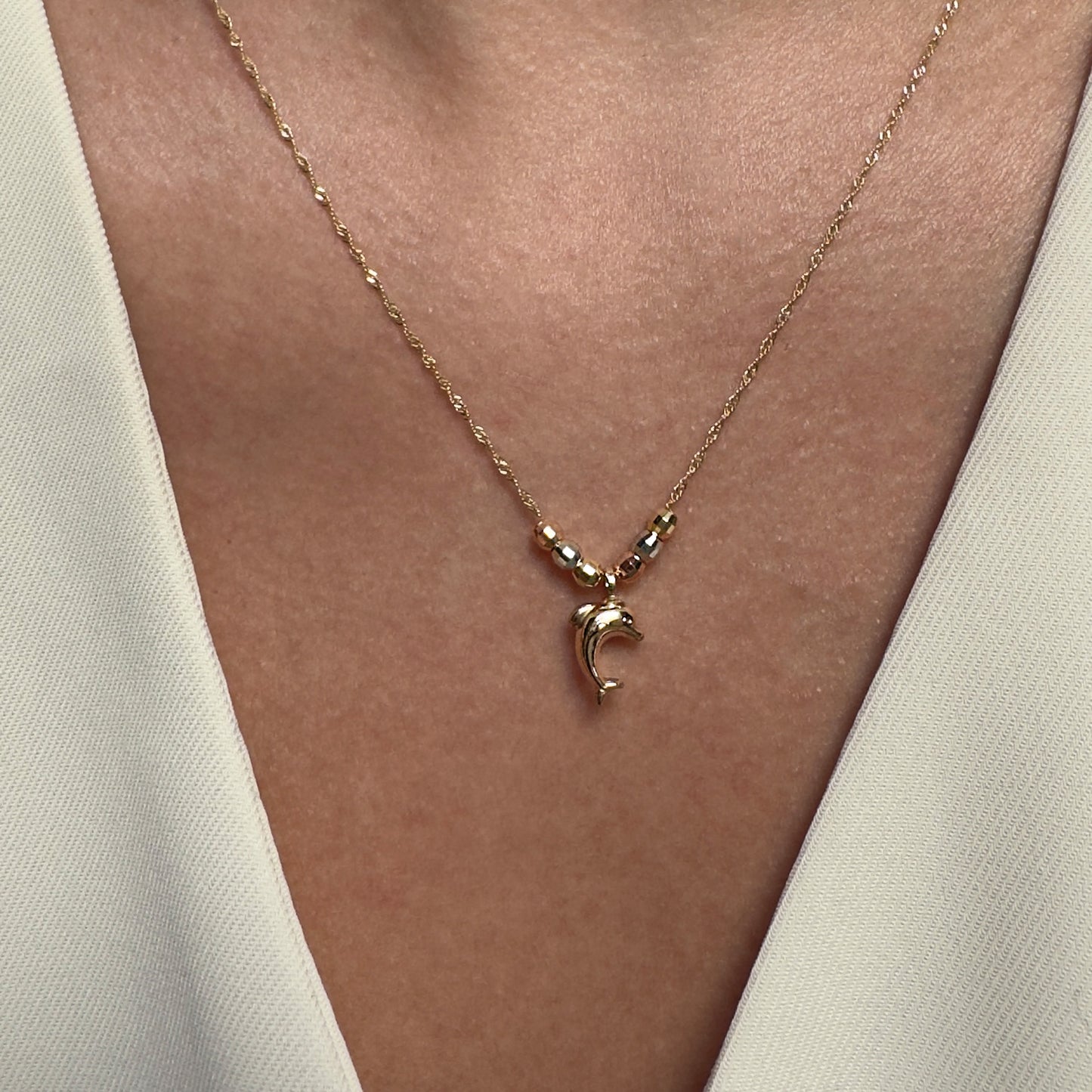 Collar Gargantilla de Oro Florentino 14K Kilates Diseño Delfin con Esferas