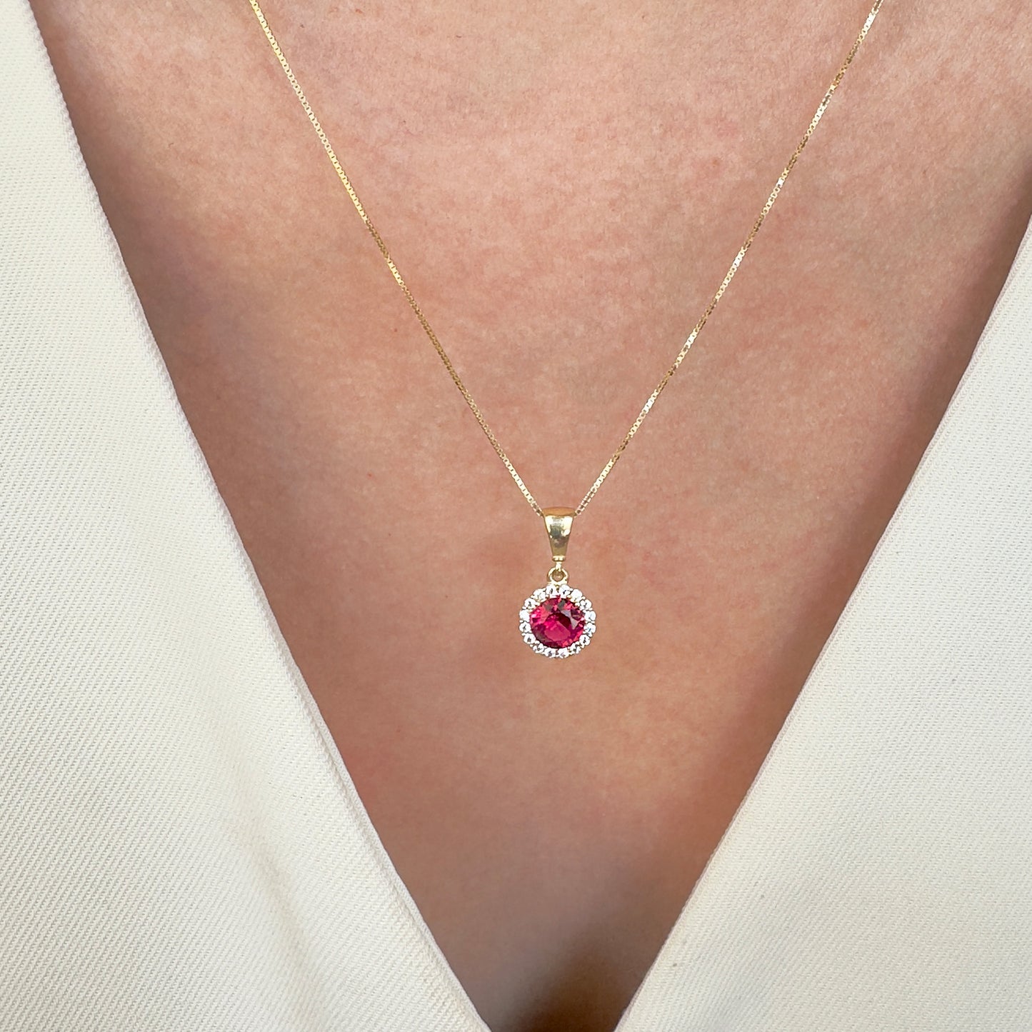 COLLAR DE ORO 14K KILATES DIJE REDONDO COLOR ROJO RUBÍ