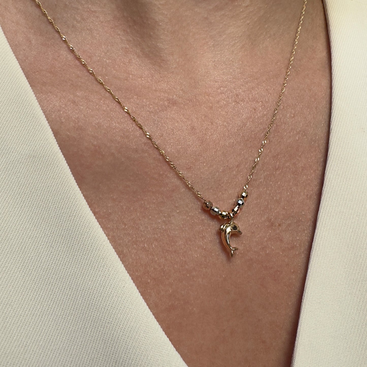 Collar Gargantilla de Oro Florentino 14K Kilates Diseño Delfin con Esferas